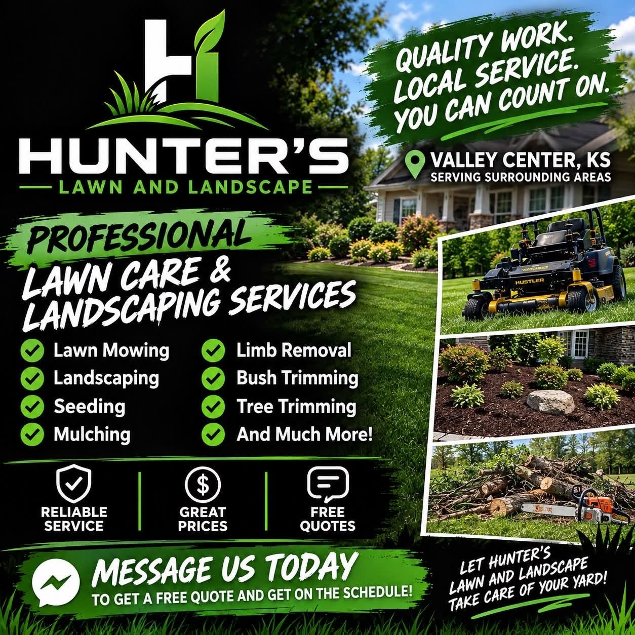 Hunter’s Lawn and Landscape service flyer showing lawn mowing, landscaping, trimming, mulching and yard cleanup